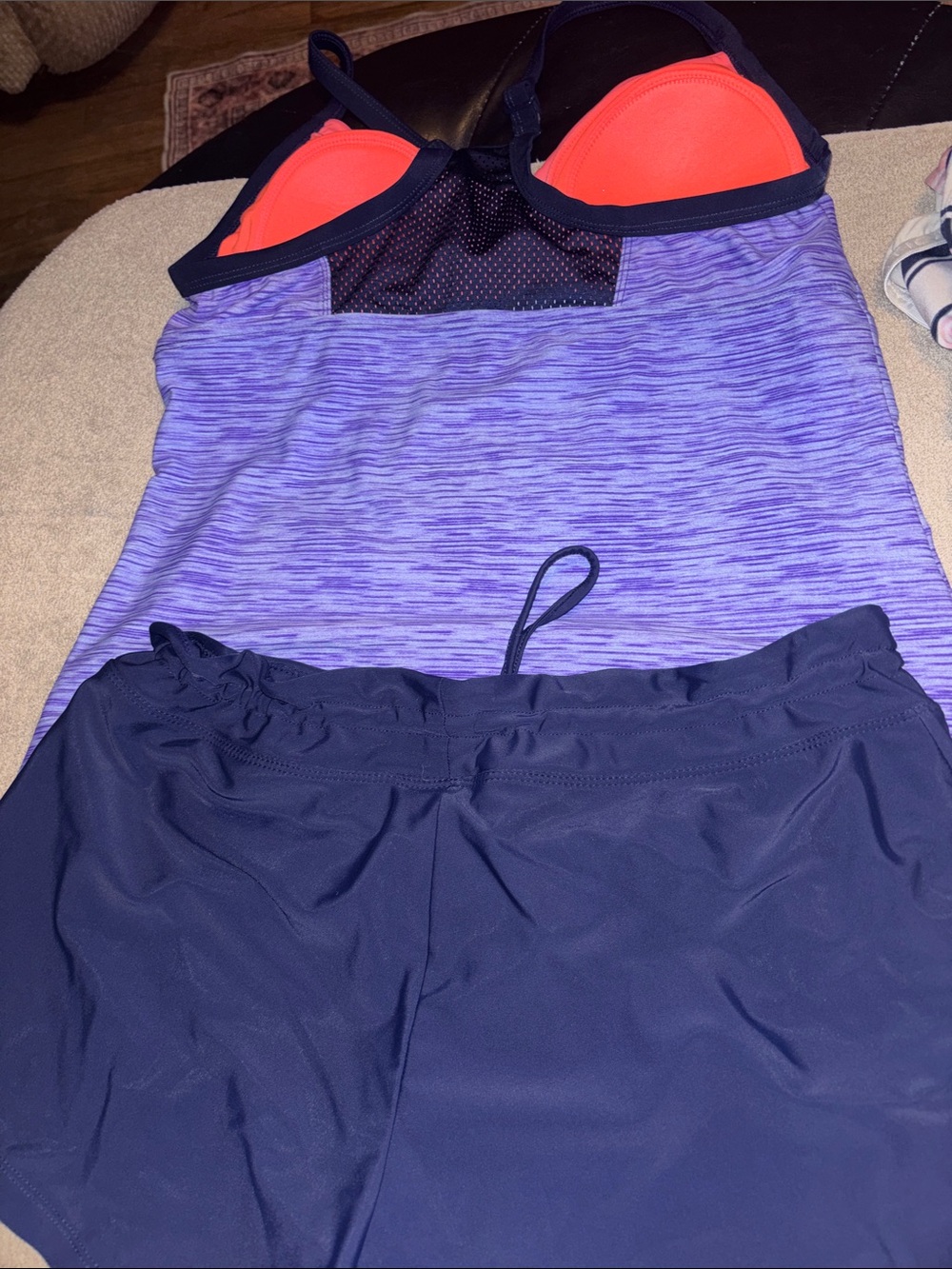Purple Heather Tankini Top with Navy Swim Shorts
Top is a 12
Bottom is a 10 - Picture 2 of 5